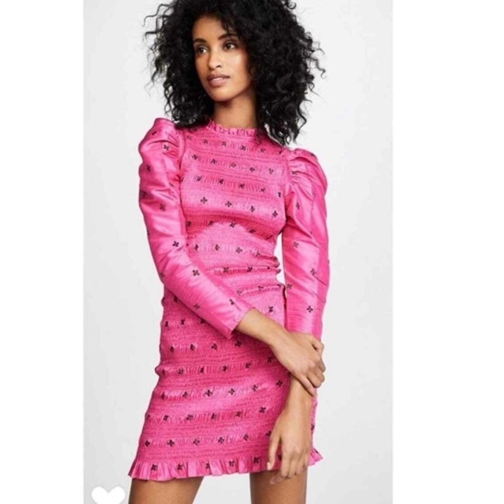 Ulla Johnson Pink Aurele Mini Dress Sz 0 Smocked Silk Blend Puff Sleeve Cocktail